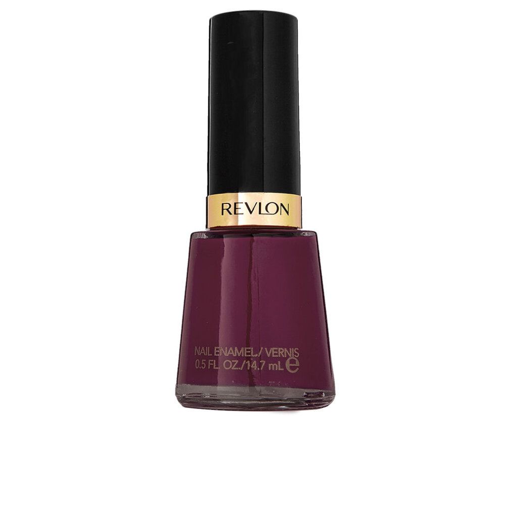 Flacone di smalto per unghie viola scuro. Tappo nero con ghiera dorata. Logo REVON. Scritta: Nail Enamel/Vernis.