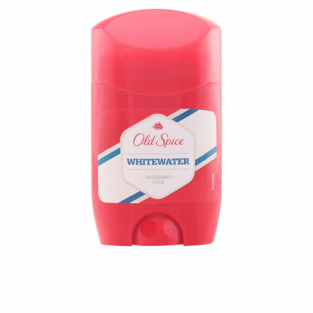 Stick deodorante rosso con etichetta bianca. Scritta: Old Spice Whitewater. Strisce blu e bianche.