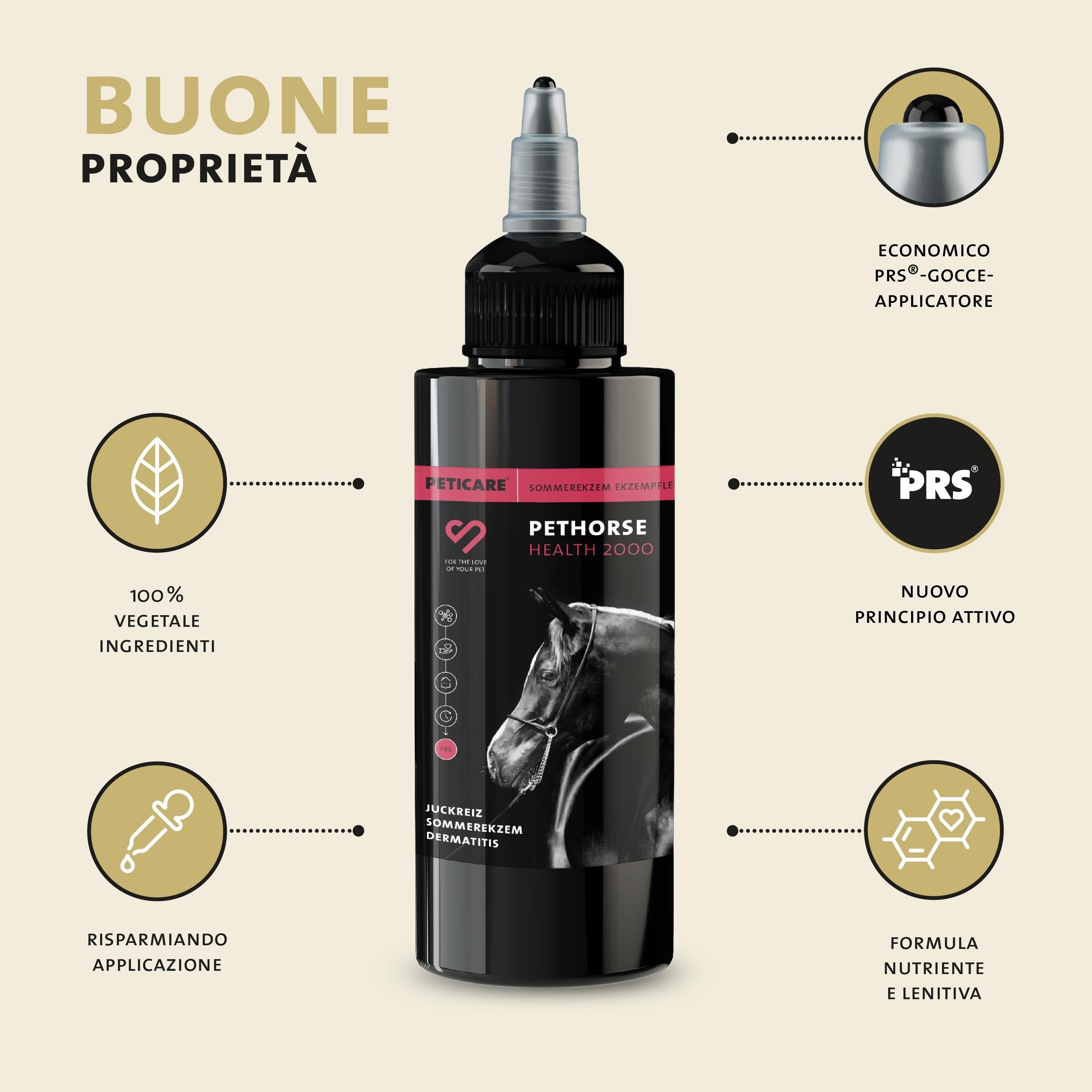 Flacone nero con beccuccio dosatore. Testo: Pethorse Health 2000. Icone: ingredienti 100% vegetali, applicazione economica, nuova formula.