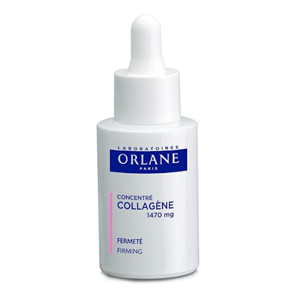 Flacone bianco con contagocce. Scritta: Orlane Paris, Concentré Collagène 1470 mg, Fermeté Firming.