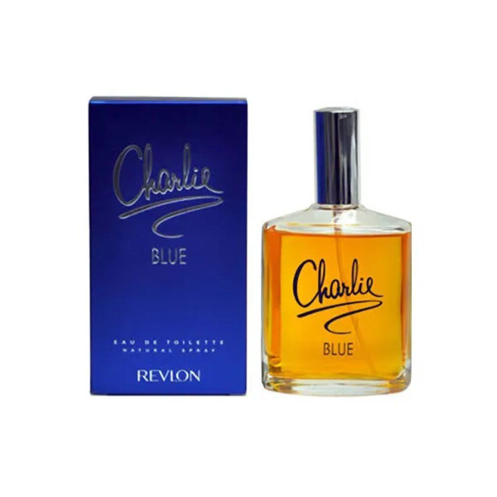 Scatola e flacone blu. Scritta 'Charlie Blue' e 'Revlon'. Flacone con tappo argentato, liquido ambrato.