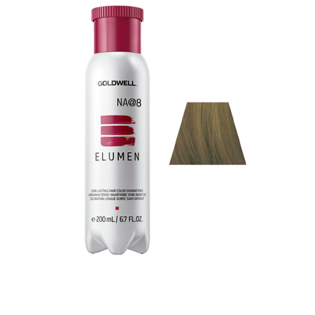 Flacone di tinta per capelli. Scritta: GOLDWELL, ELUMEN NA@8, 200 ml. Campione colore a destra.