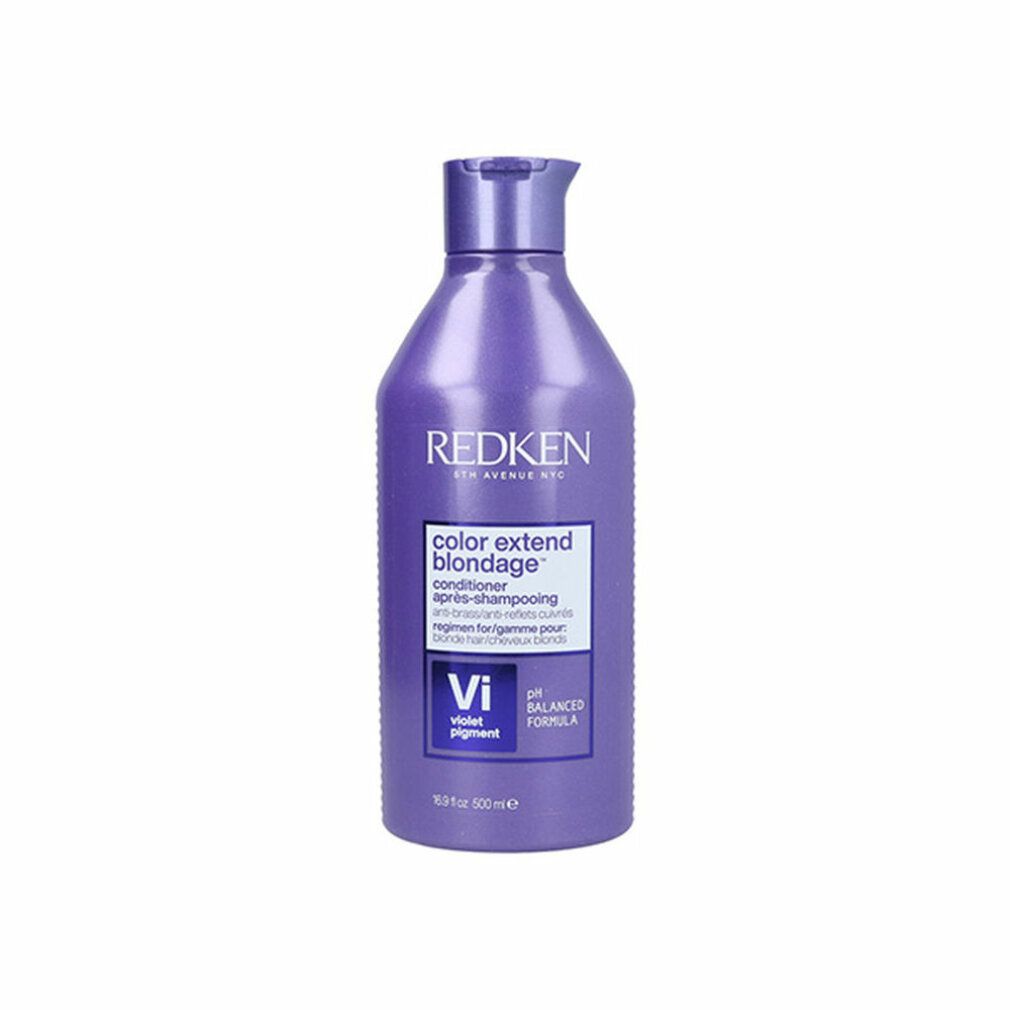 Balsamo Redken Color Extend Blondage viola. Bottiglia con informazioni sul prodotto. Formula pH bilanciato.