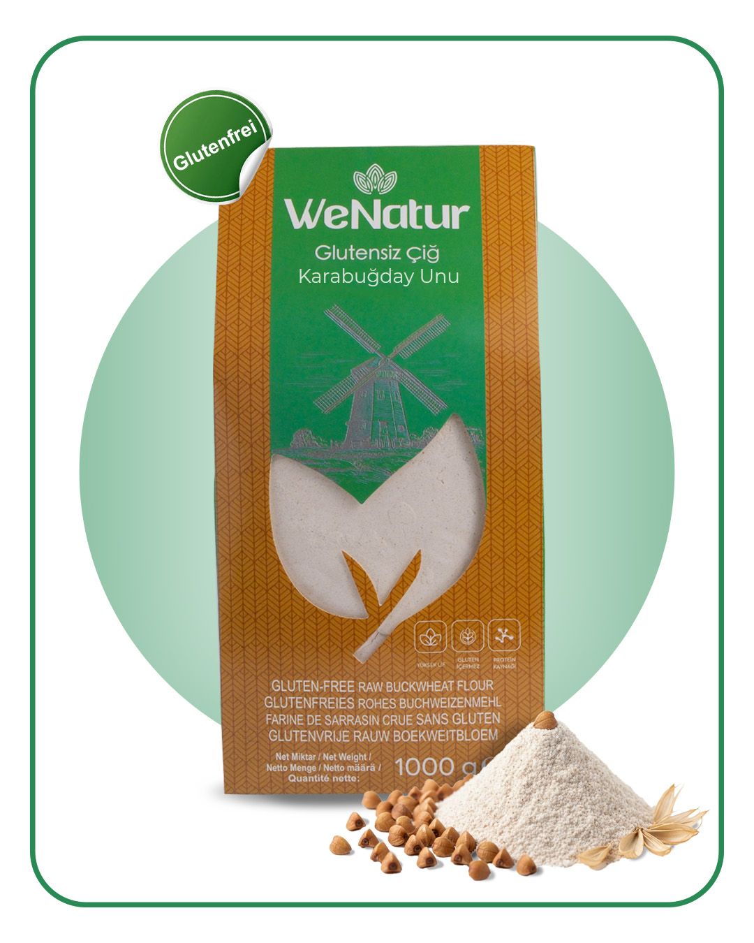 Confezione di farina di grano saraceno WeNatur con evidenziate informazioni nutrizionali.