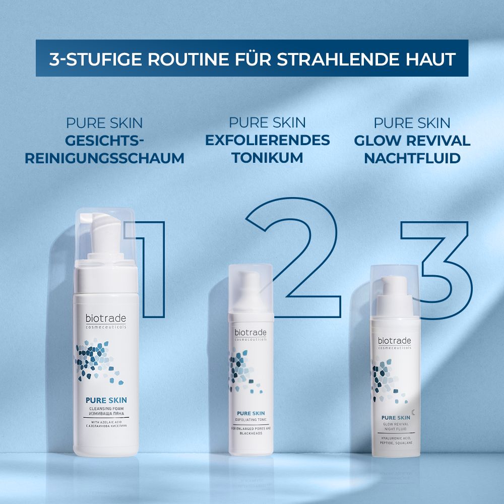 Tre prodotti: Schiuma detergente Pure Skin, Tonico esfoliante Pure Skin, Fluido notte Glow Revival. Biotrade.