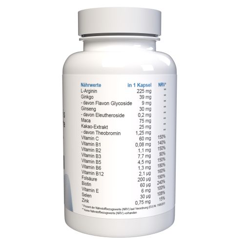 Retro di un flacone di capsule bianco. Elenco dei valori nutrizionali per capsula. Testo in tedesco.