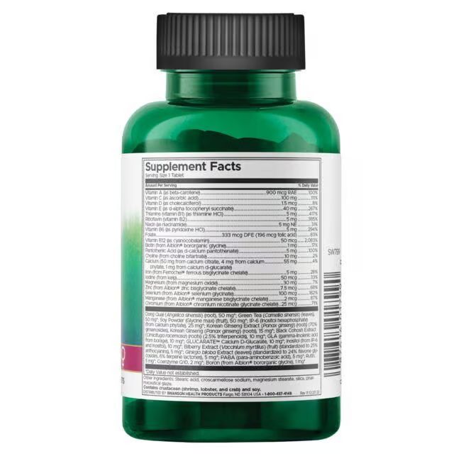 Retro del flacone verde. Contiene informazioni nutrizionali e ingredienti. Testo in inglese.
