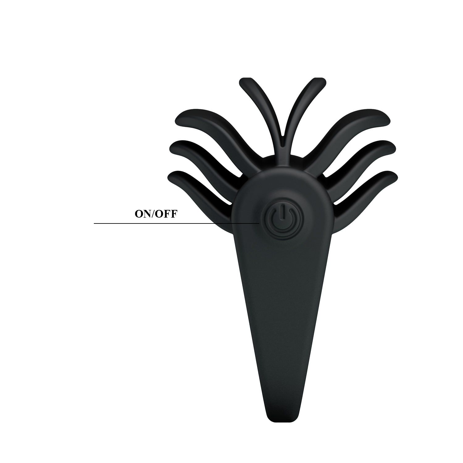 Anello nero con parte superiore ondulata. Pulsante di accensione e scritta 'ON/OFF'.