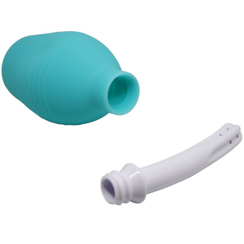 Doccia anale turchese in gomma con applicatore bianco, vista frontale sinistra, isolata su sfondo bianco.