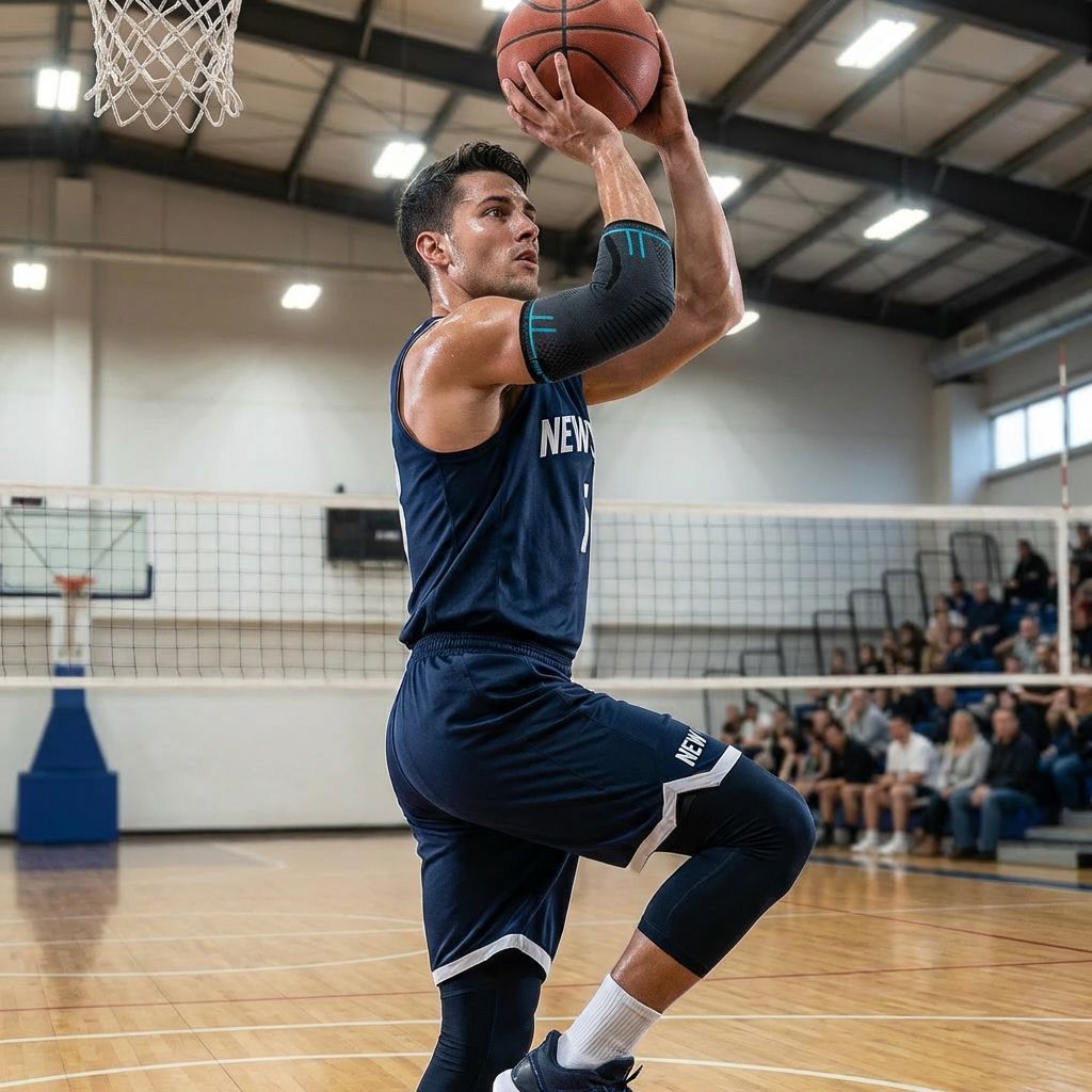Un uomo gioca a basket. Indossa un tutore per il gomito.