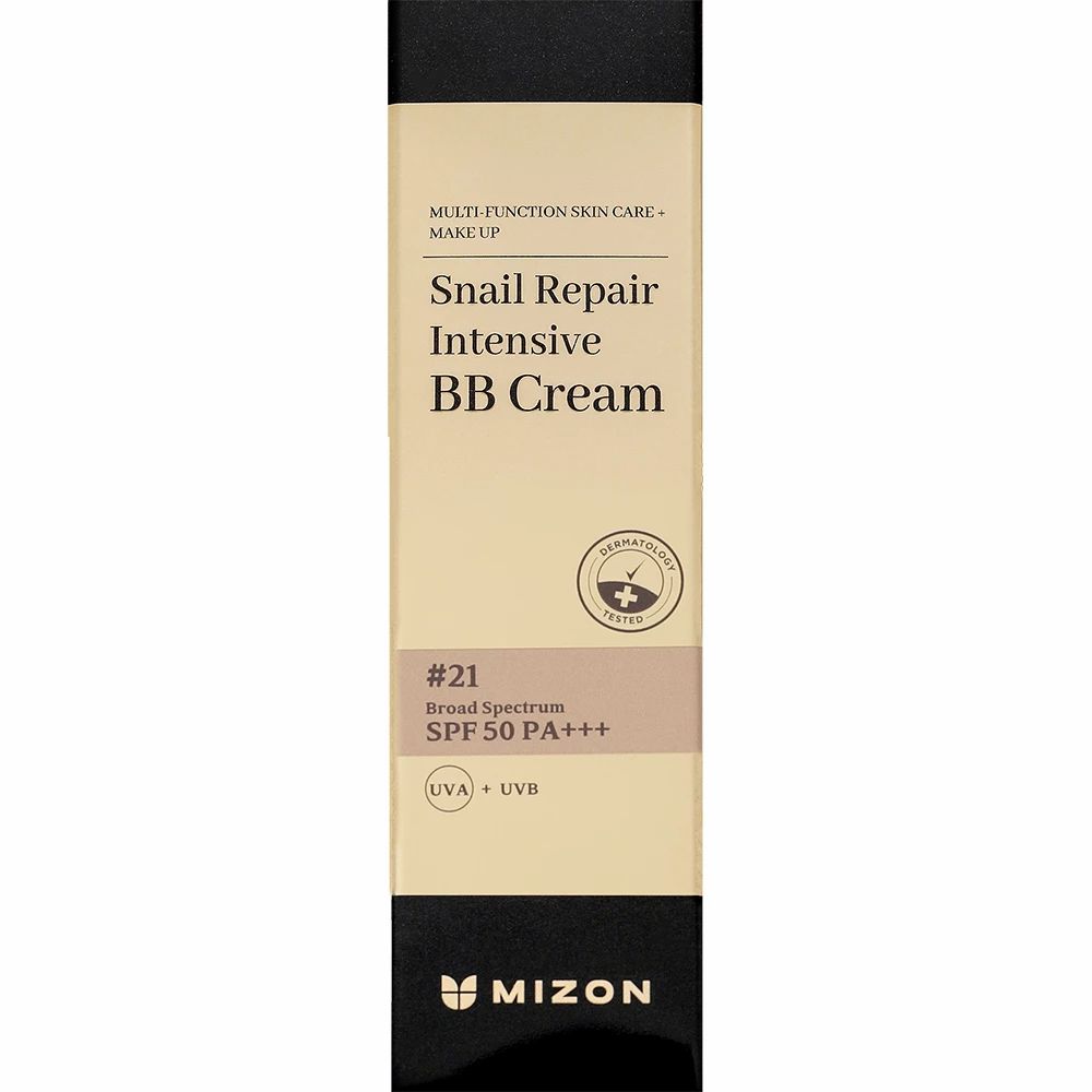 MIZON Snail Repair Intensive BB Cream SPF 50 PA+++, tonalità #21, tubo dorato con tappo nero.