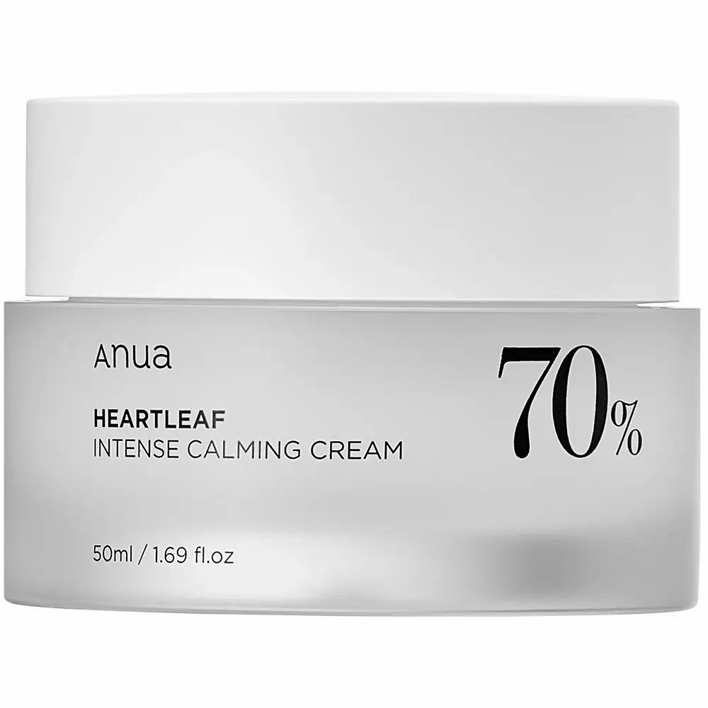 Vasetto di crema con coperchio bianco. Scritta: Anua, Heartleaf Intense Calming Cream, 70%.