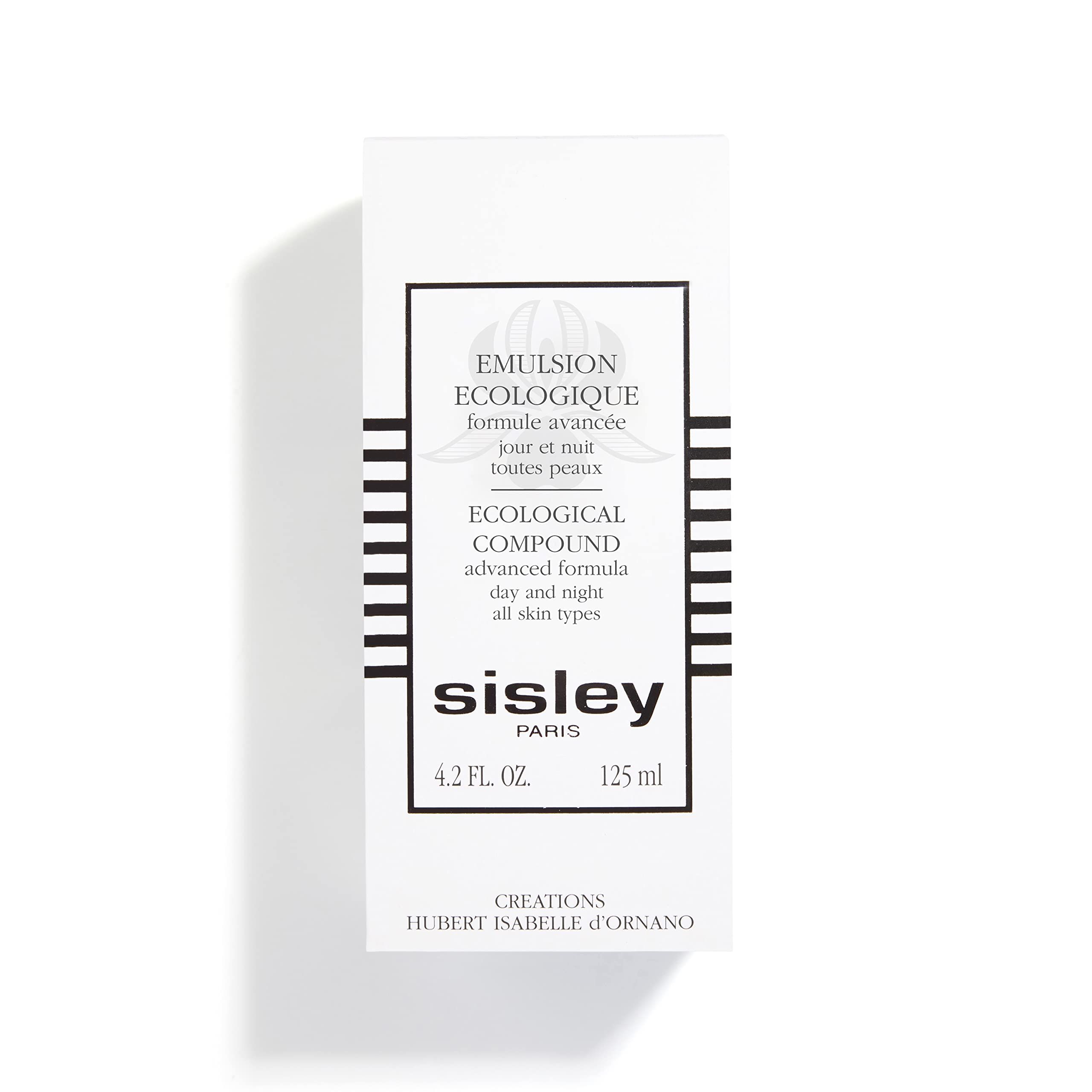 Confezione bianca con immagine del prodotto e testo. Scritta: Emulsion écologique, ecological compound, 125 ml, Sisley Paris.