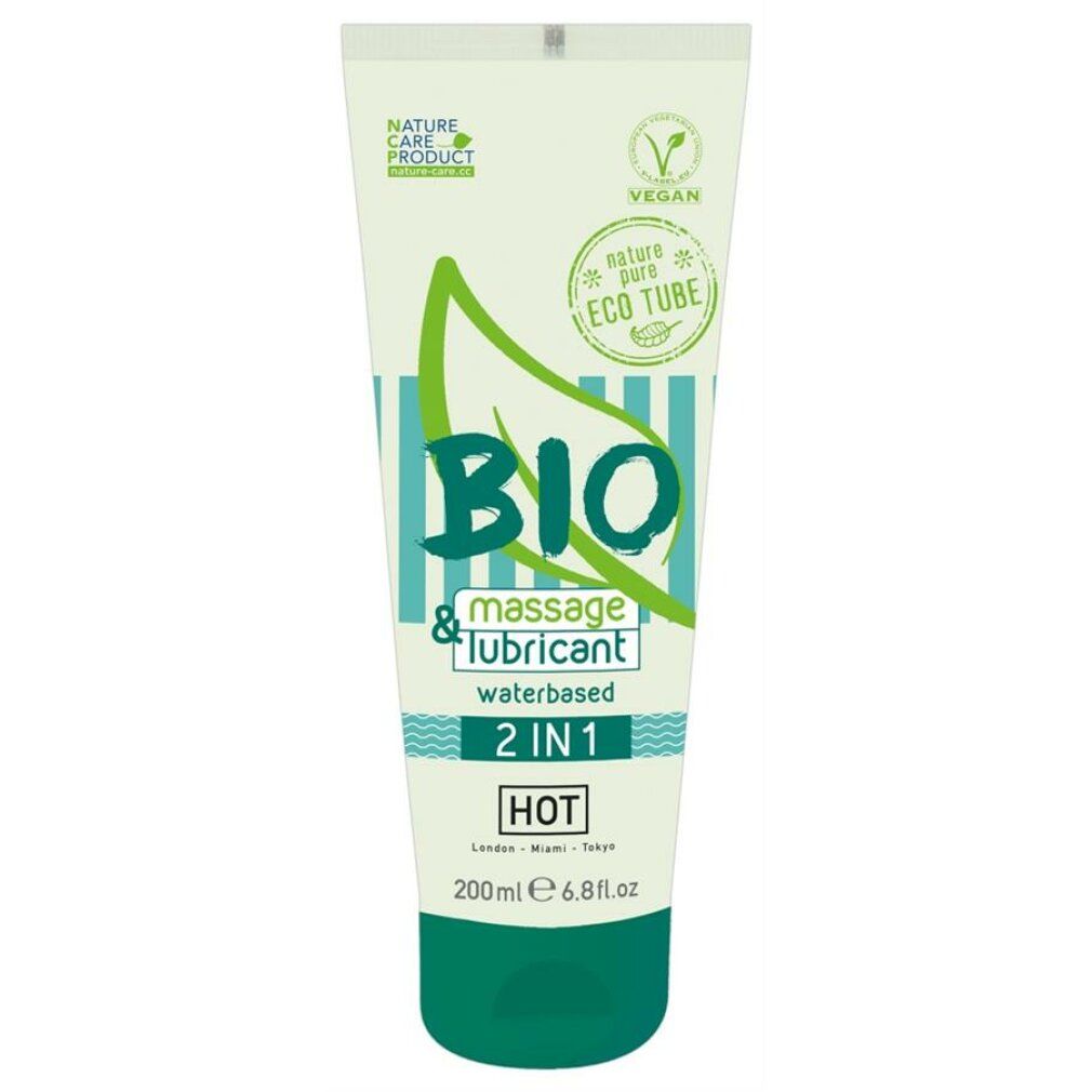 Tubo BIO Massage & Lubricant 2IN1. Design verde e bianco, vegano, 200ml. Scritta: HOT.