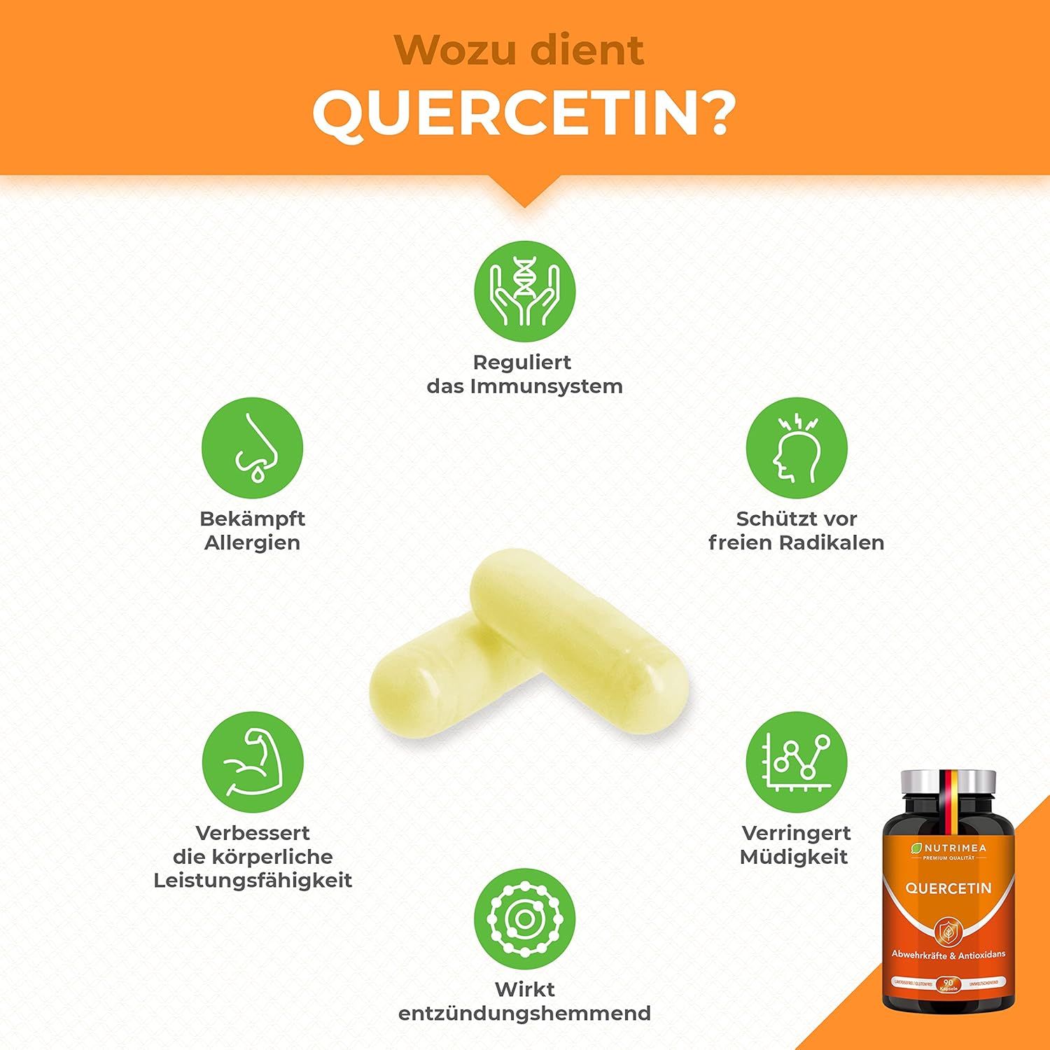 Due capsule gialle accanto a un'infografica. L'infografica mostra i benefici della quercetina: sistema immunitario, allergie, radicali liberi, affaticamento.