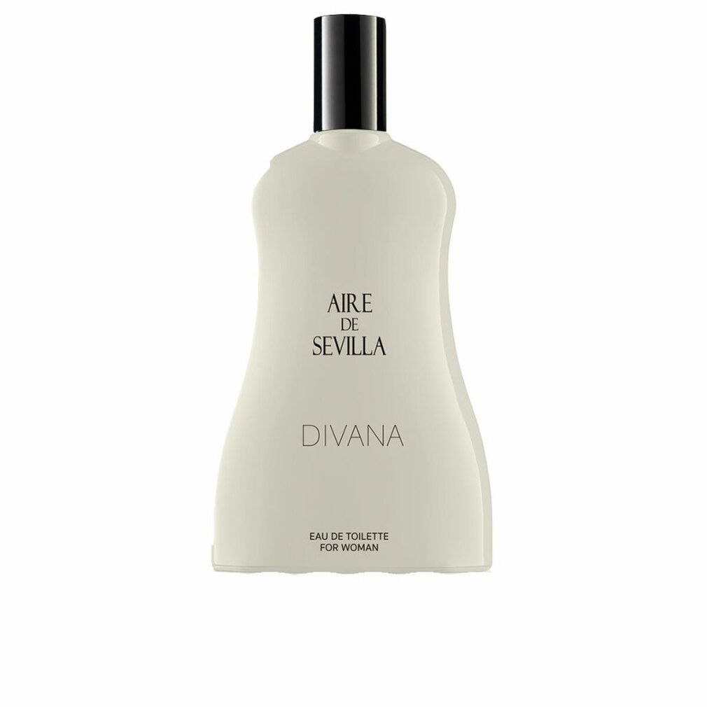 Flacone color avorio con tappo nero. Scritta: Aire de Sevilla Divana Eau de Toilette For Woman.