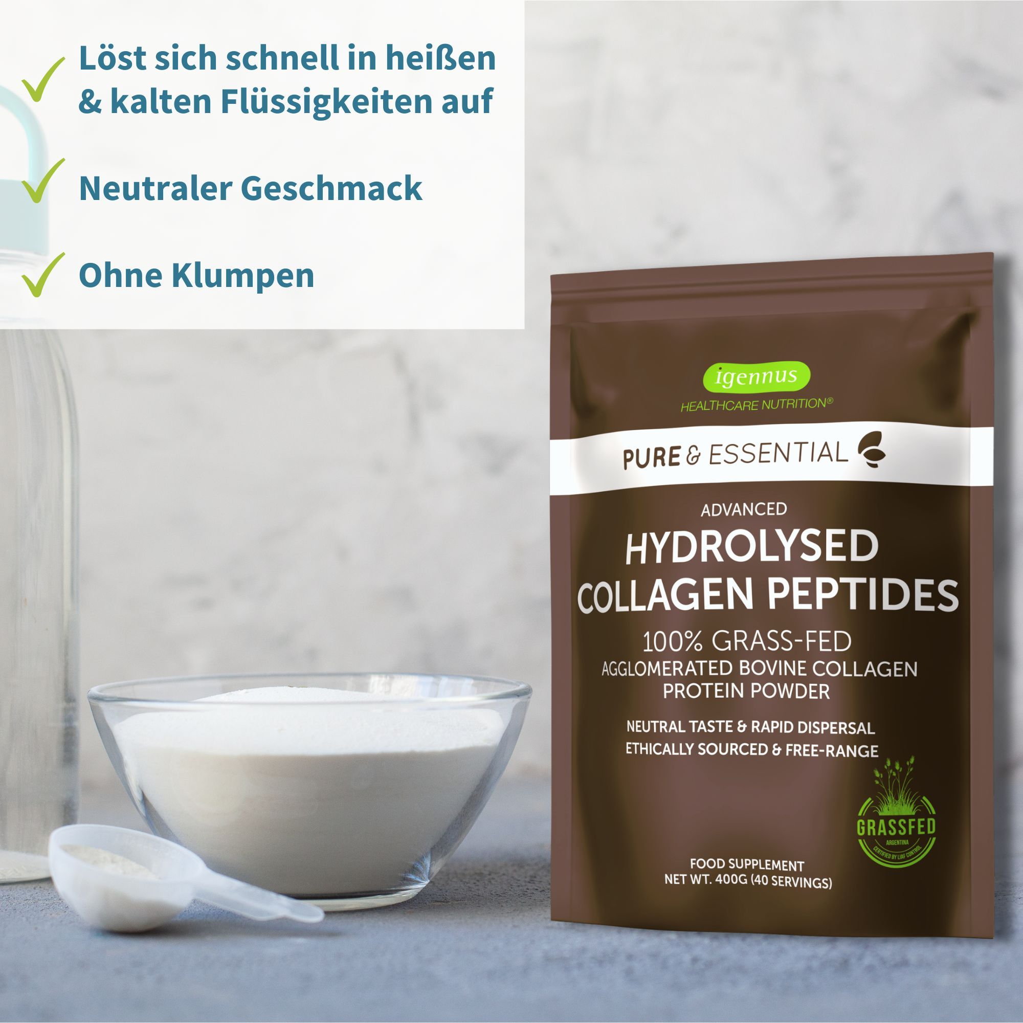 Busta prodotto, ciotola con polvere e misurino. Testo: Si scioglie velocemente, gusto neutro, senza grumi.