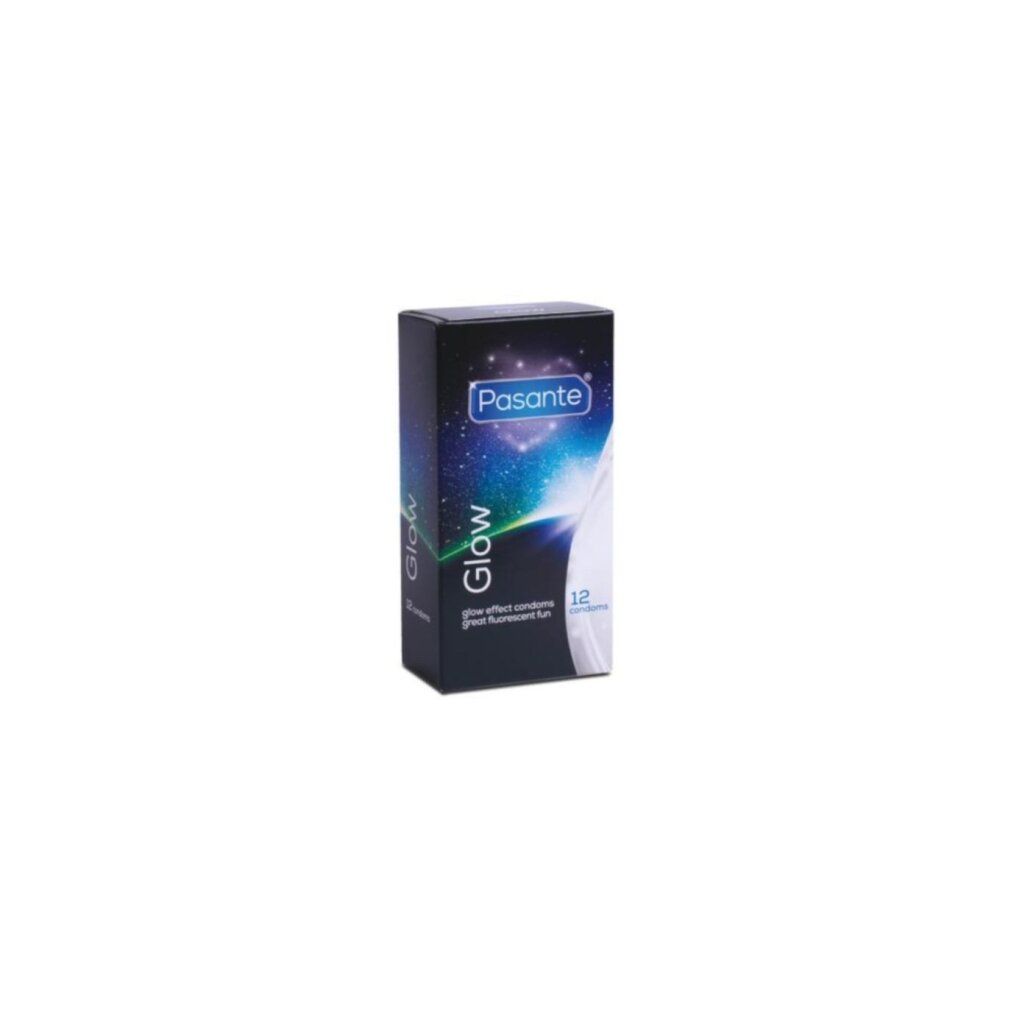 Scatola di preservativi Pasante Glow. Scritta: Glow effect condoms, great fluorescent fun. Contiene 12 preservativi.