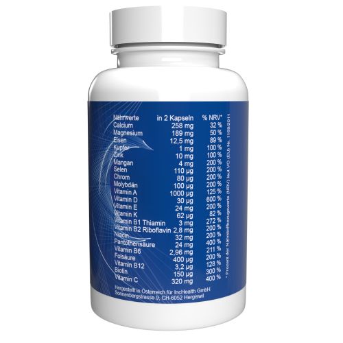 Flacone bianco di capsule con etichetta blu. Informazioni nutrizionali per 2 capsule. Percentuali nutrizionali.