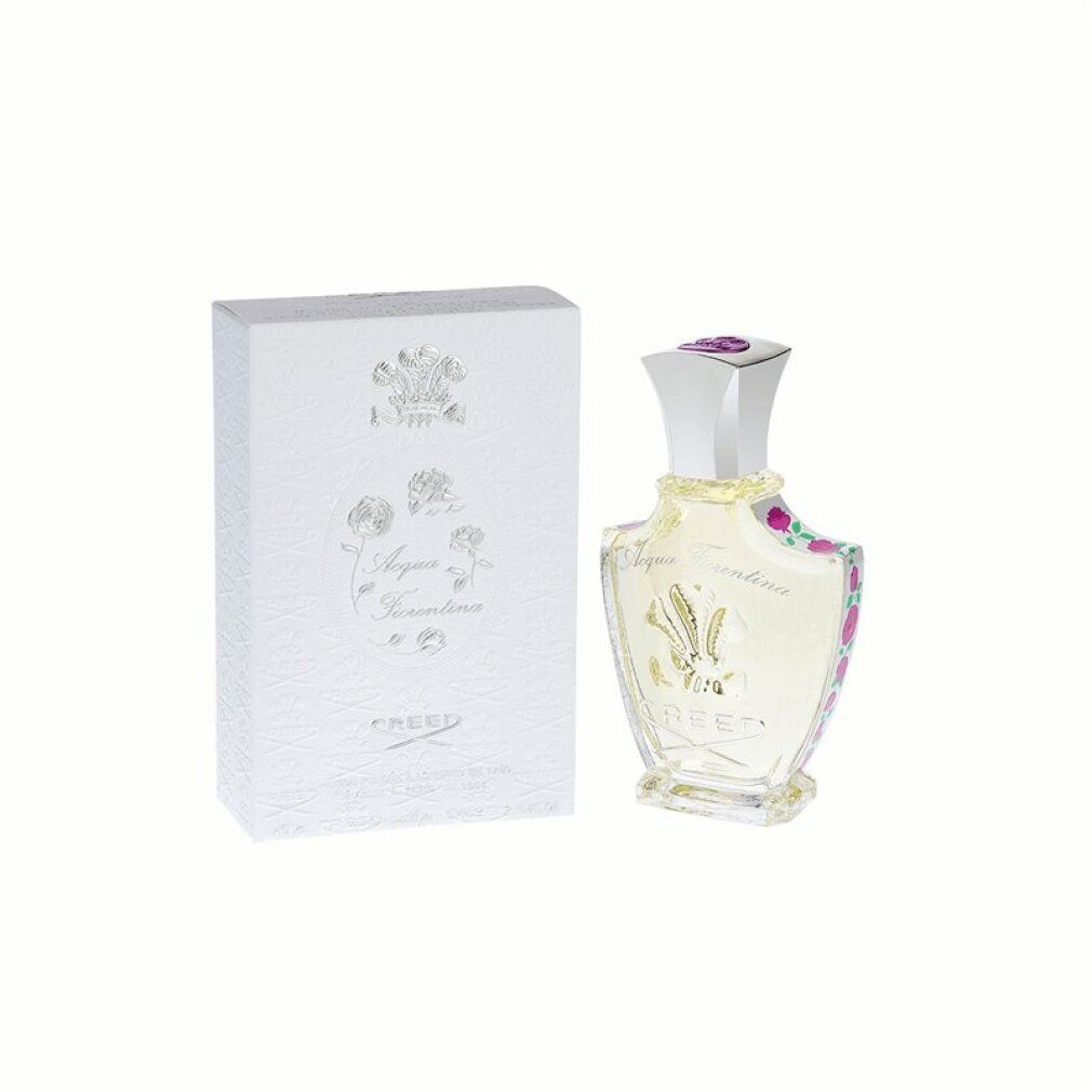 Flacone di profumo e confezione. Flacone con tappo argentato, scritta Acqua Fiorentina e Creed. Confezione con logo e testo.