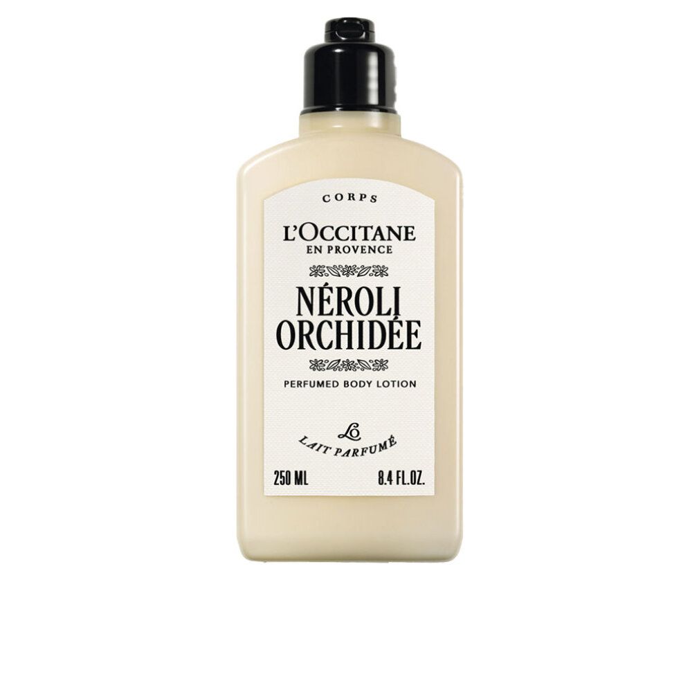 Flacone di lozione per il corpo con tappo nero. Etichetta con testo: L'Occitane, Néróli Orchidée. 250 ml.