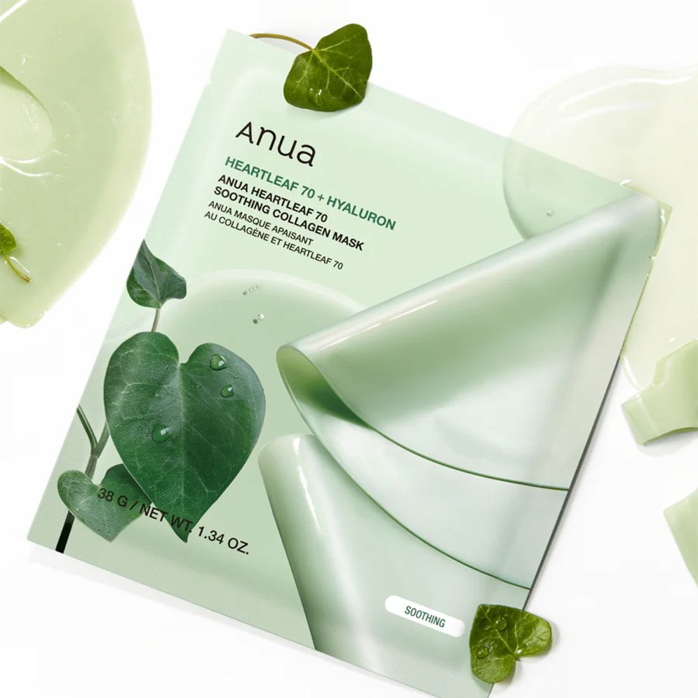 Confezione maschera verde con nome e ingredienti. Decorazione con foglie. Maschera aperta visibile.