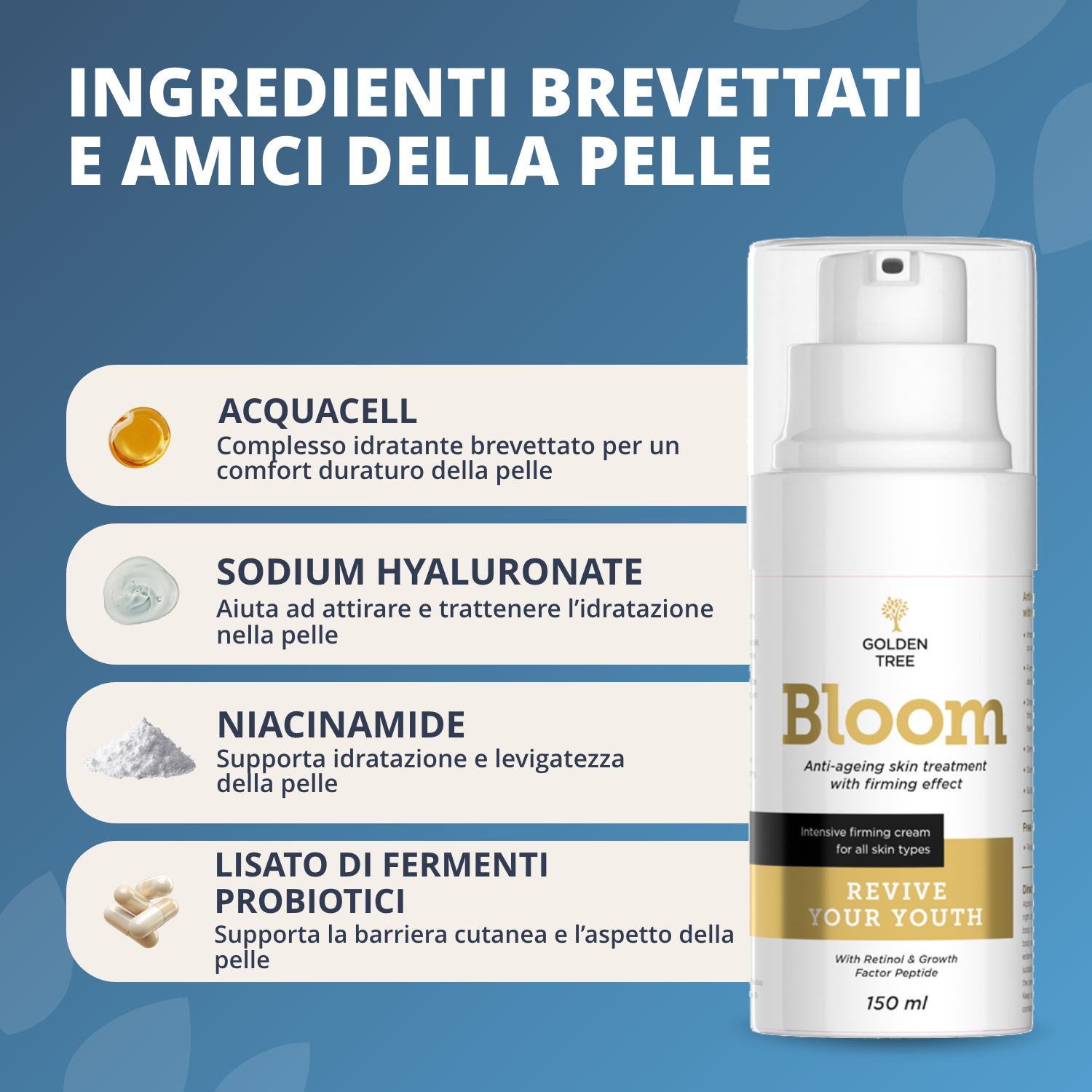 Donna che tiene un flacone Golden Tree Bloom, mostra la routine quotidiana: per tutti i tipi di pelle, rapido assorbimento.