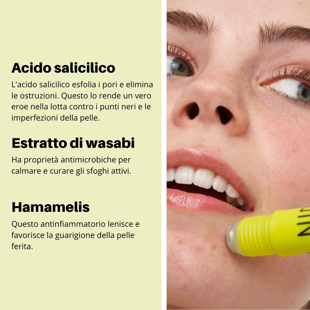 Stick gel con applicatore roll-on. Flacone giallo con testo bianco. Scritta: NIP+FAB, PURIFY, TEEN SKIN FIX, SPOT ZAP.