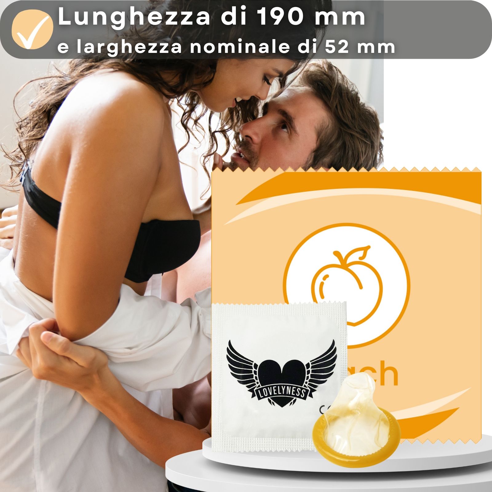 Preservativo con logo con ali e cuore. Lunghezza 190mm, larghezza nominale 52mm. Gusto pesca.