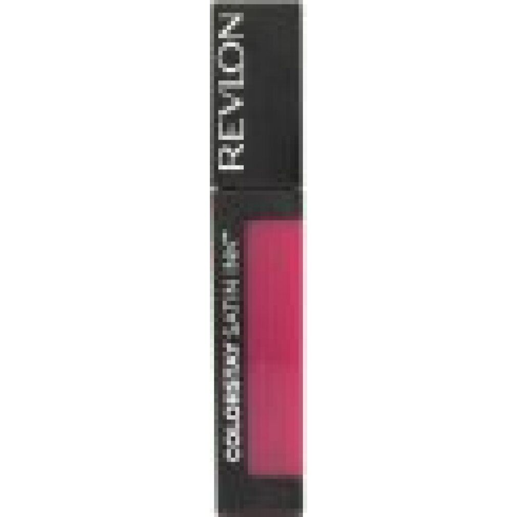 Rossetto chiuso. Astuccio nero con prodotto rosa. Scritta: Revlon, Colorstay Satin Ink.