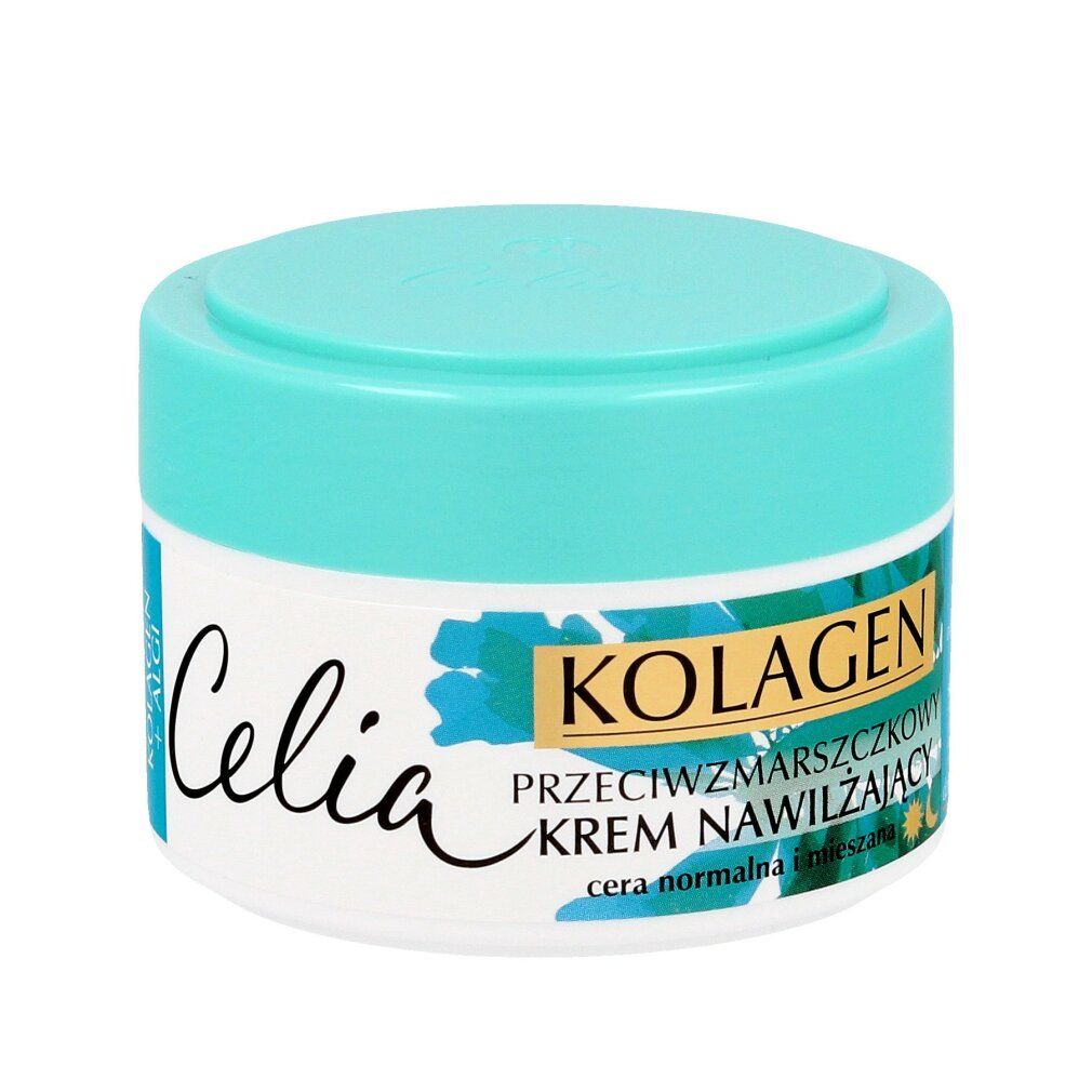 Vasetto turchese con coperchio. Scritta Celia Kolagen. Testo: Przeciwzmarszczkowy Krem Nawilżający. Per pelli normali e miste.