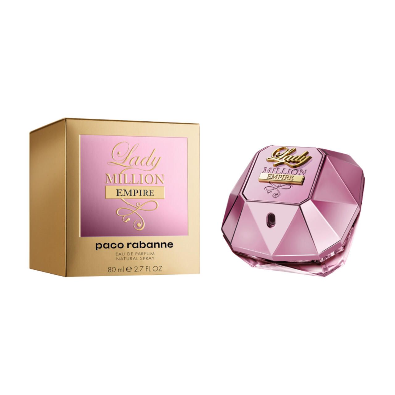 Flacone e confezione. Flacone rosa, confezione dorata. Scritta: Lady Million Empire.