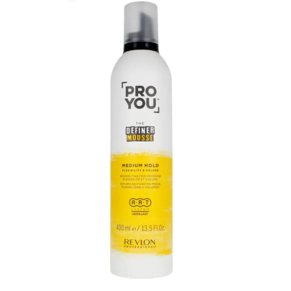 Flacone bianco-giallo con tappo nero. Scritta: PRO YOU THE DEFINER MOUSSE MEDIUM HOLD. Volume: 400ml/13.5 fl oz.