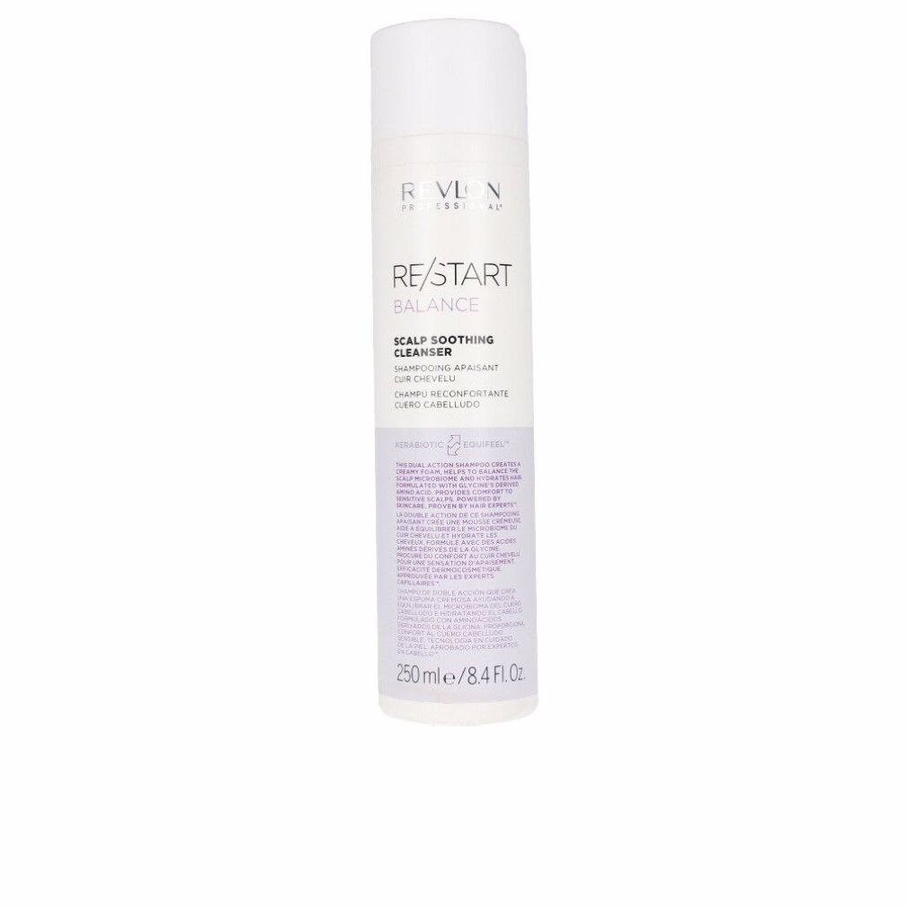 Flacone cilindrico bianco. Scritta: RE/START BALANCE, SCALP SOOTHING CLEANSER. 250 ml/8.4 Fl Oz.