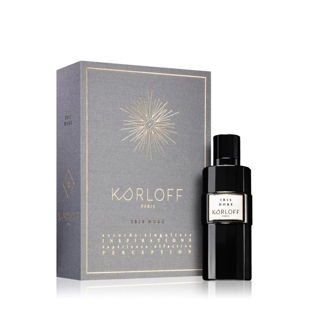 Scatola grigia e flacone nero. Sulla scatola c'è scritto "KORLOFF PARIS" e "IRIS DORE".