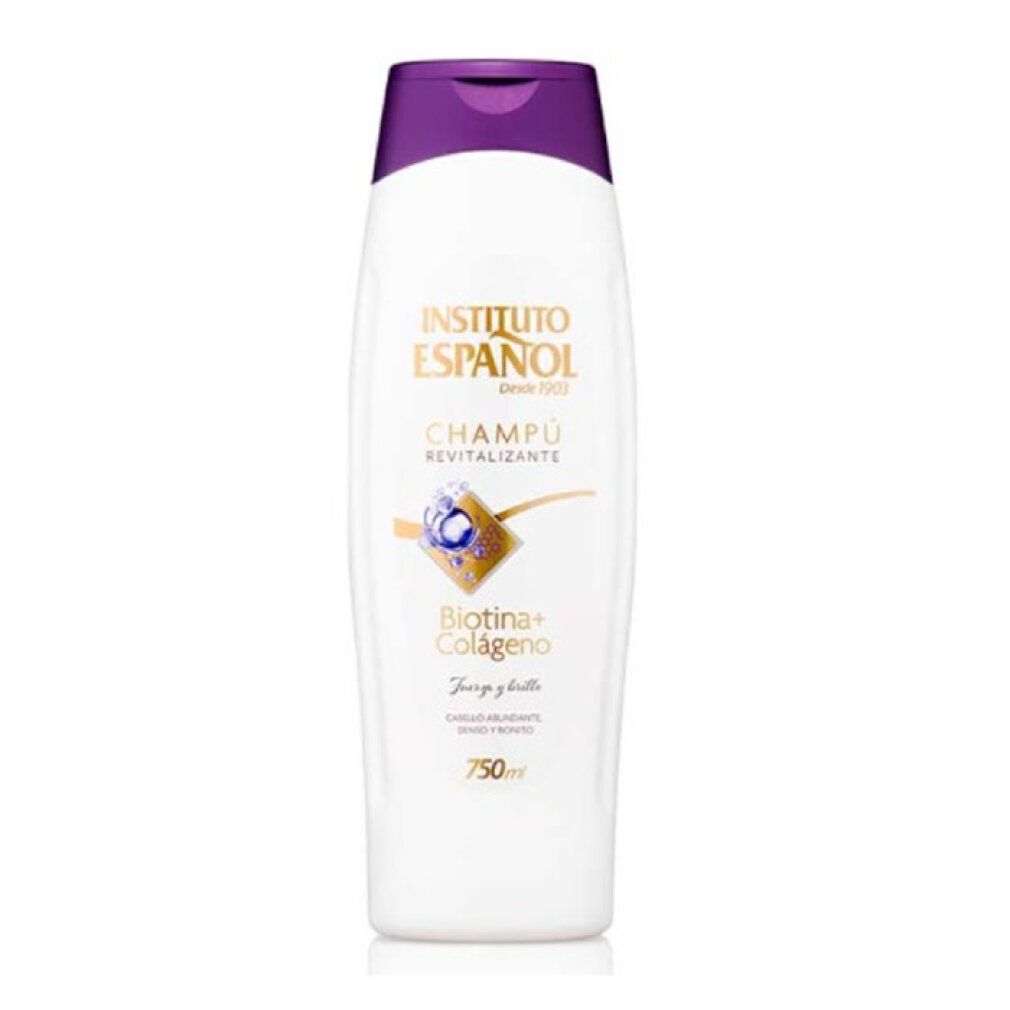 Flacone bianco con tappo viola, scritta "Instituto Español Champú Revitalizante Biotin+Colágeno".