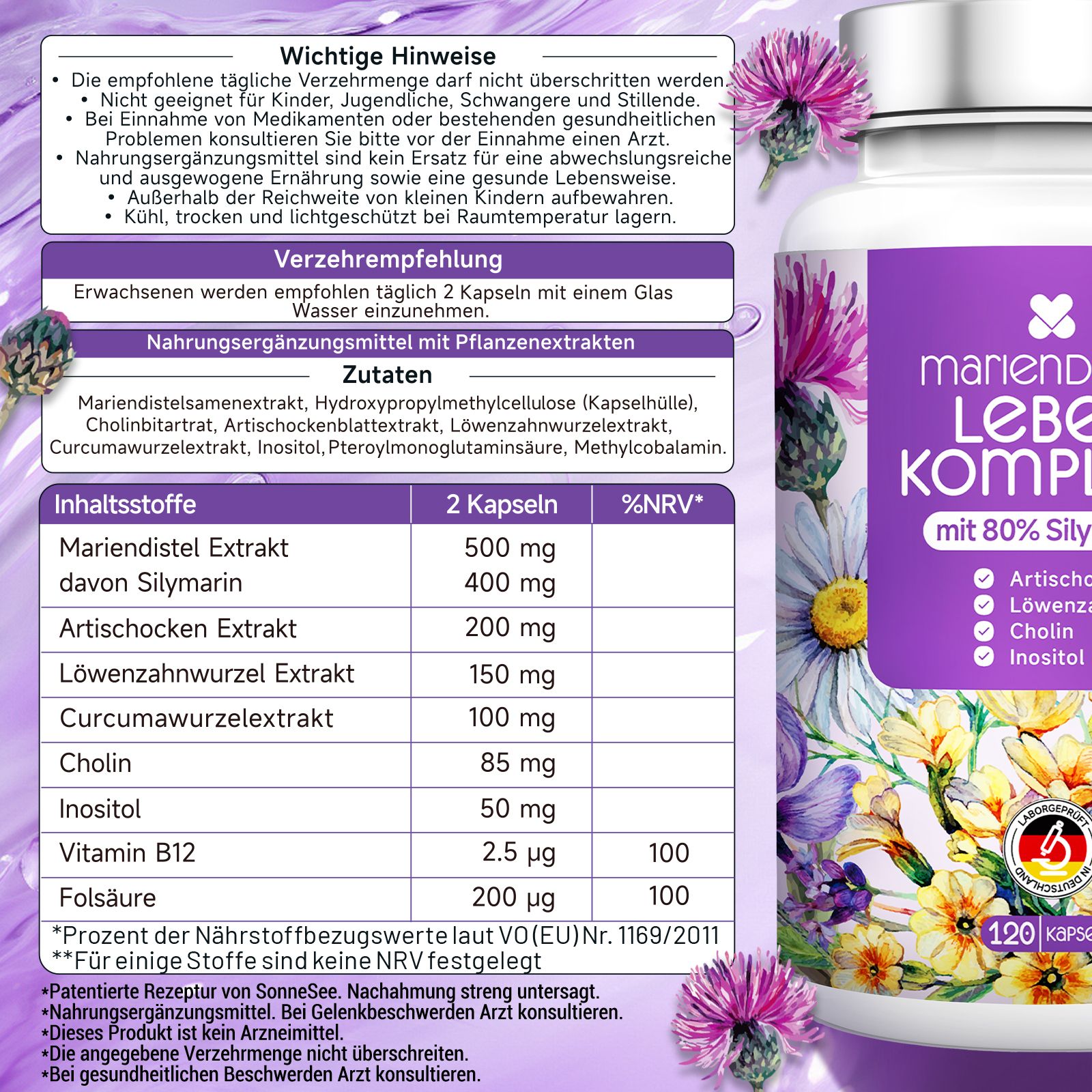 Flacone con capsule Mariendistel Lebenskomplex, 120 pezzi, con illustrazioni di erbe.