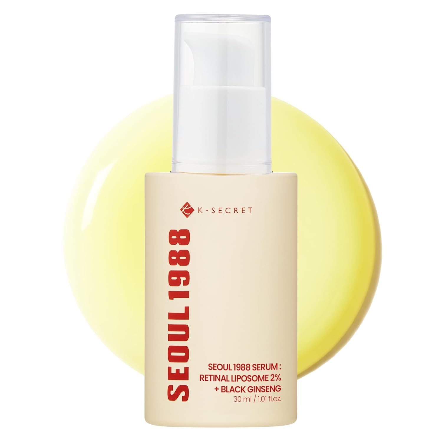 Flacone di siero beige con dosatore bianco. Scritta rossa: SEOUL 1988. Testo: Retinal Liposome 2% + Black Ginseng. 30 ml / 1.01 fl.oz.