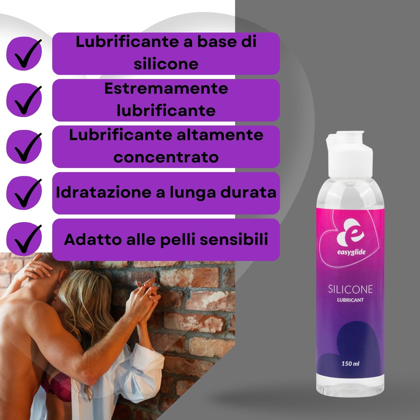 Gel Easyglide Warming. Flacone con tappo bianco ed etichetta arancione-rossa. 150 ml. Testo: Warming Lubricant.