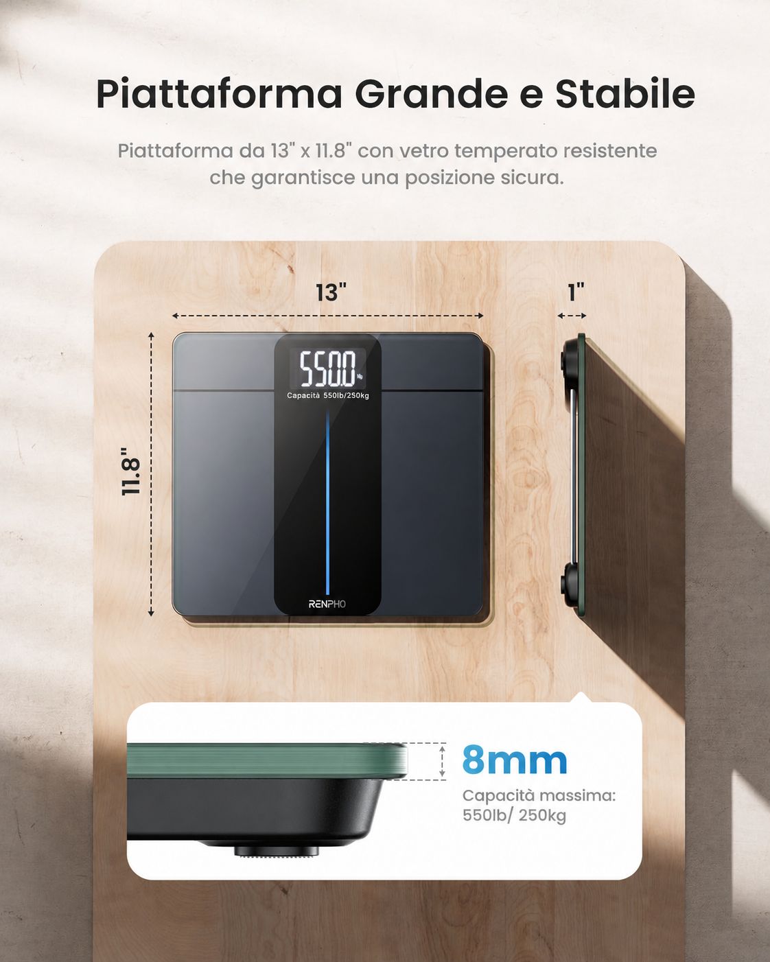 Bilancia digitale. Piattaforma: 13" x 11,8". Spessore 8mm. Capacità max: 550lb/250kg. Design nero.