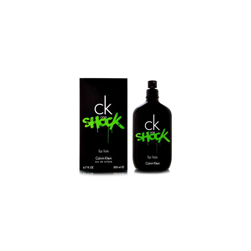 Flacone e confezione neri. "ck one SHOCK" bianco e verde. "for him", "Calvin Klein" e volume.