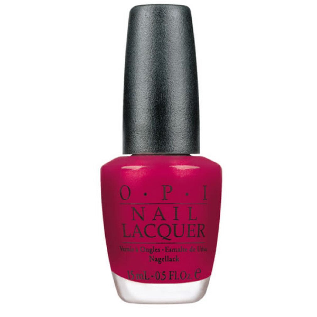 Smalto per unghie OPI rosa. Tappo nero, flacone trasparente. Scritta OPI Nail Lacquer. 15 ml.