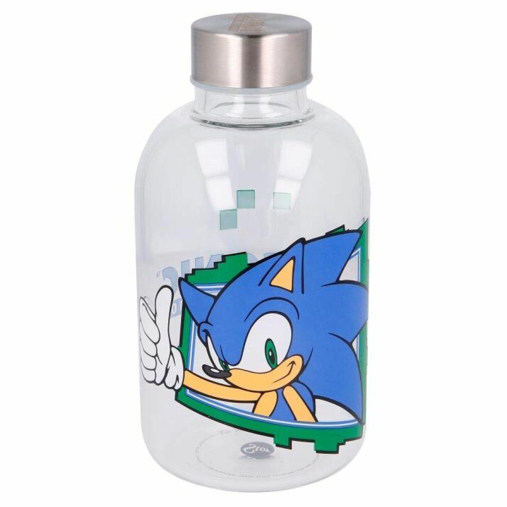 Bottiglia di vetro trasparente con Sonic. Tappo in metallo. Sonic con pollice in su, bordi verdi.