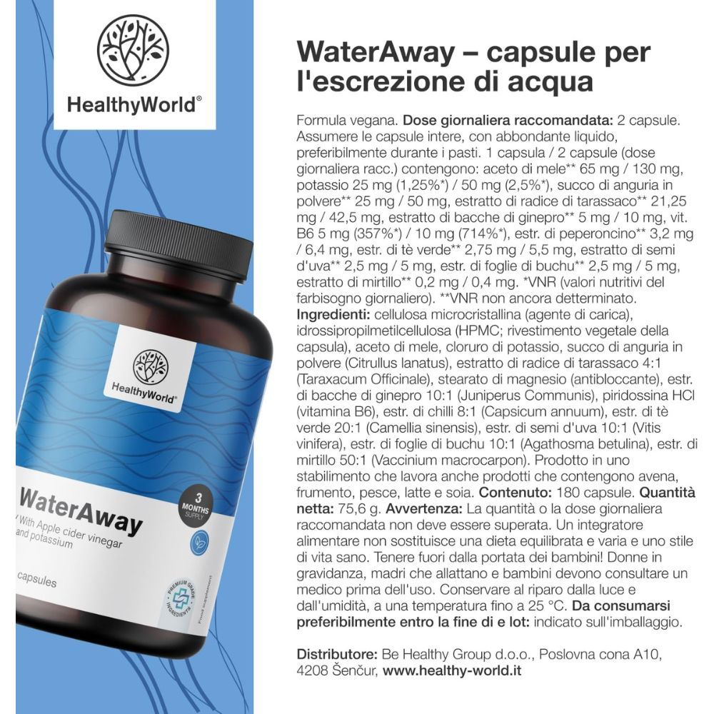 Flacone WaterAway, 180 capsule. Logo: HealthyWorld. Testo: WaterAway - capsule per l'escrizione. Sfondo blu.