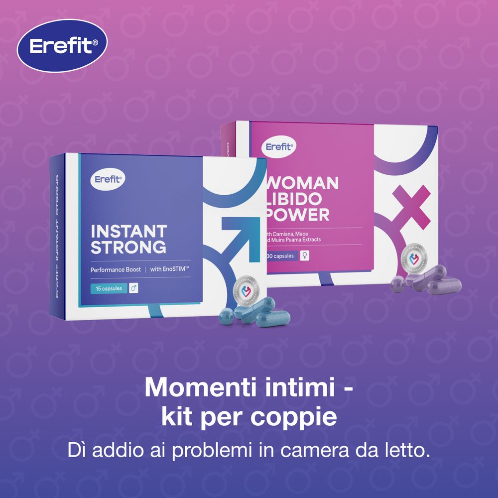 Due confezioni di prodotti Erefit: Instant Strong e Woman Libido Power. Loghi e nomi dei prodotti visibili. Tonalità blu e viola.