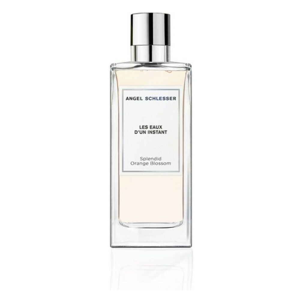 Flacone di profumo rettangolare con tappo argentato. Scritta: Angel Schlesser, Les Eaux d'un Instant, Splendid Orange Blossom.