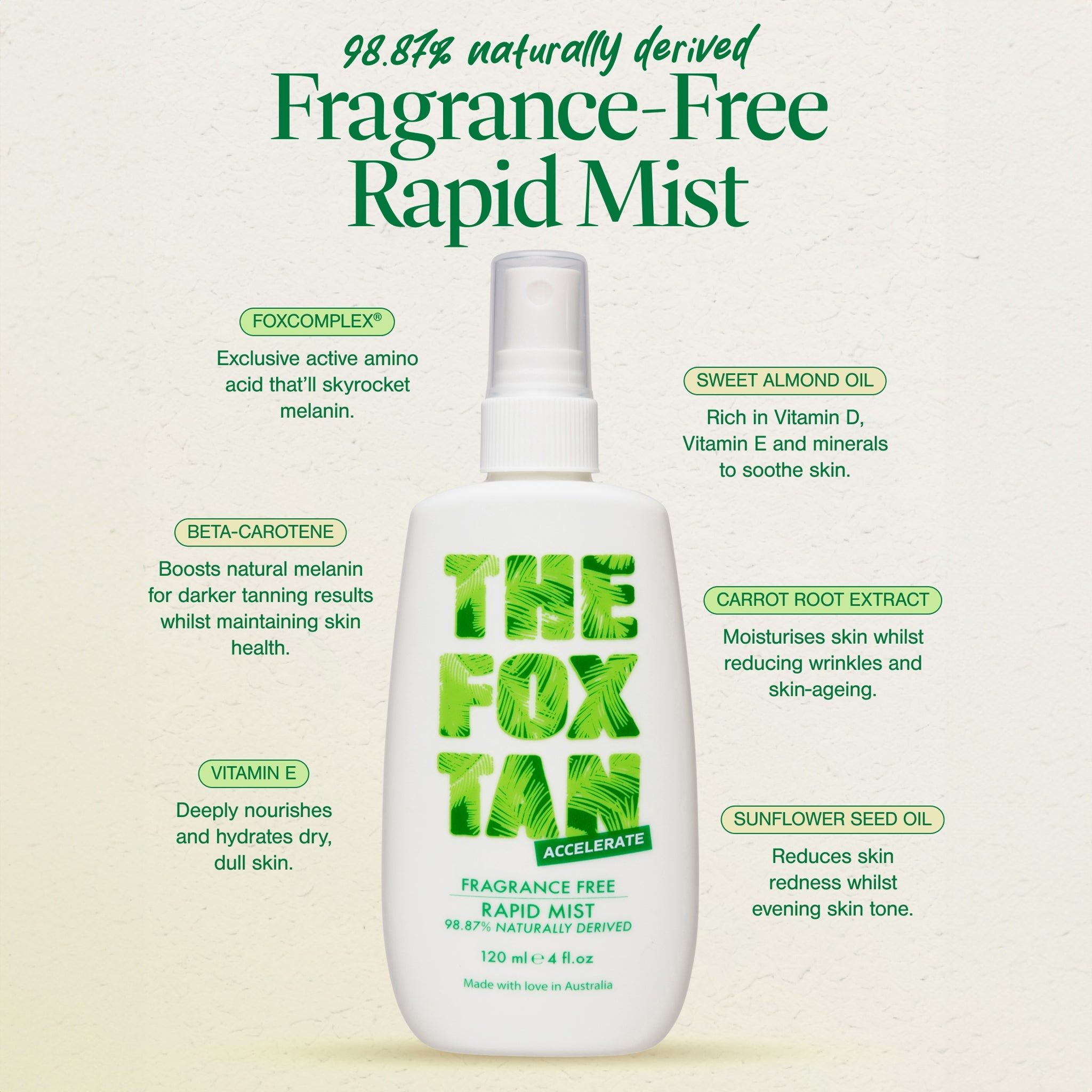 The Fox Tan, Fragrance Free Rapid Tanning Mist, Acceleratore dell'abbronzatura senza profumo, 120 ml