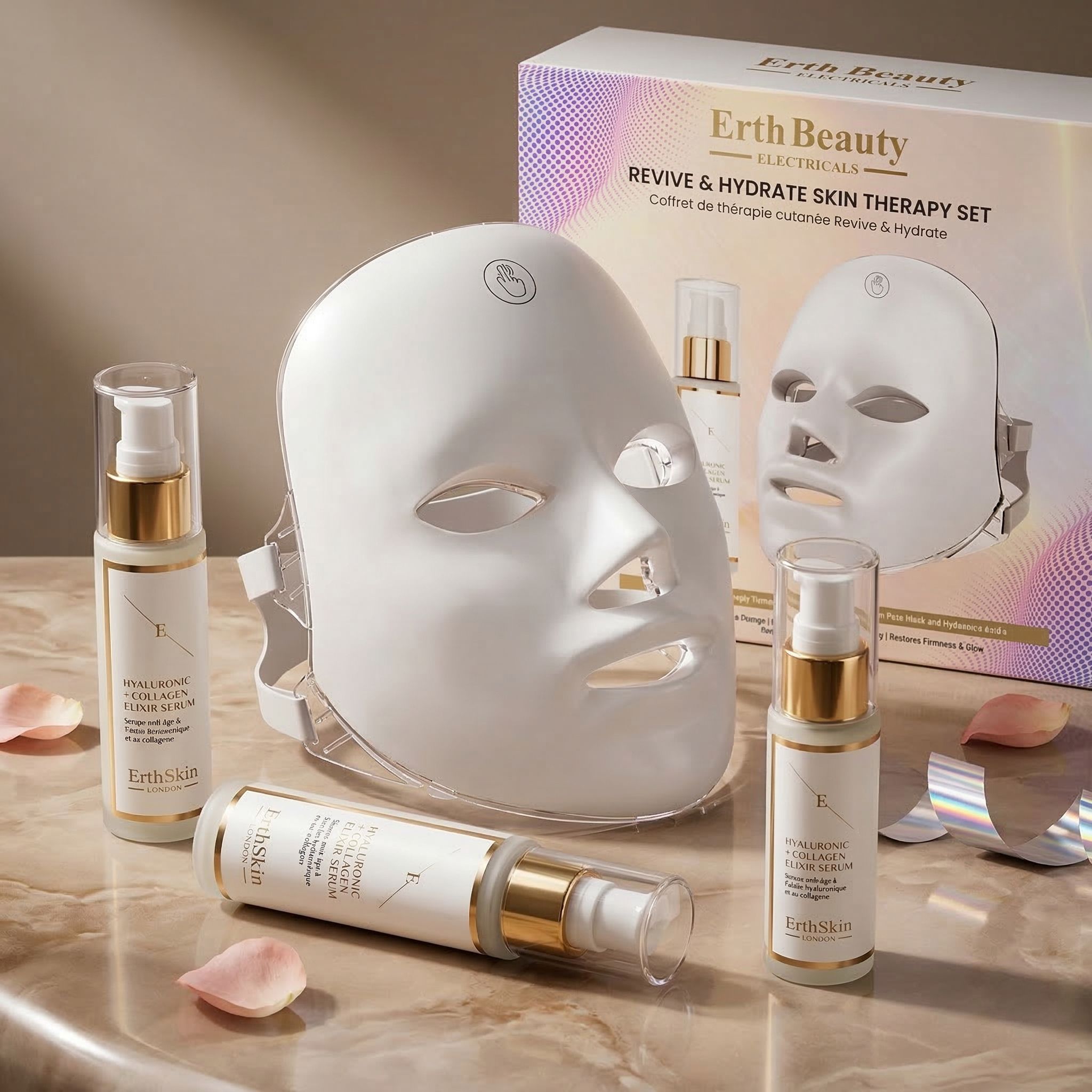 Set per la cura della pelle Revive & Hydrate con maschera LED e sieri.
