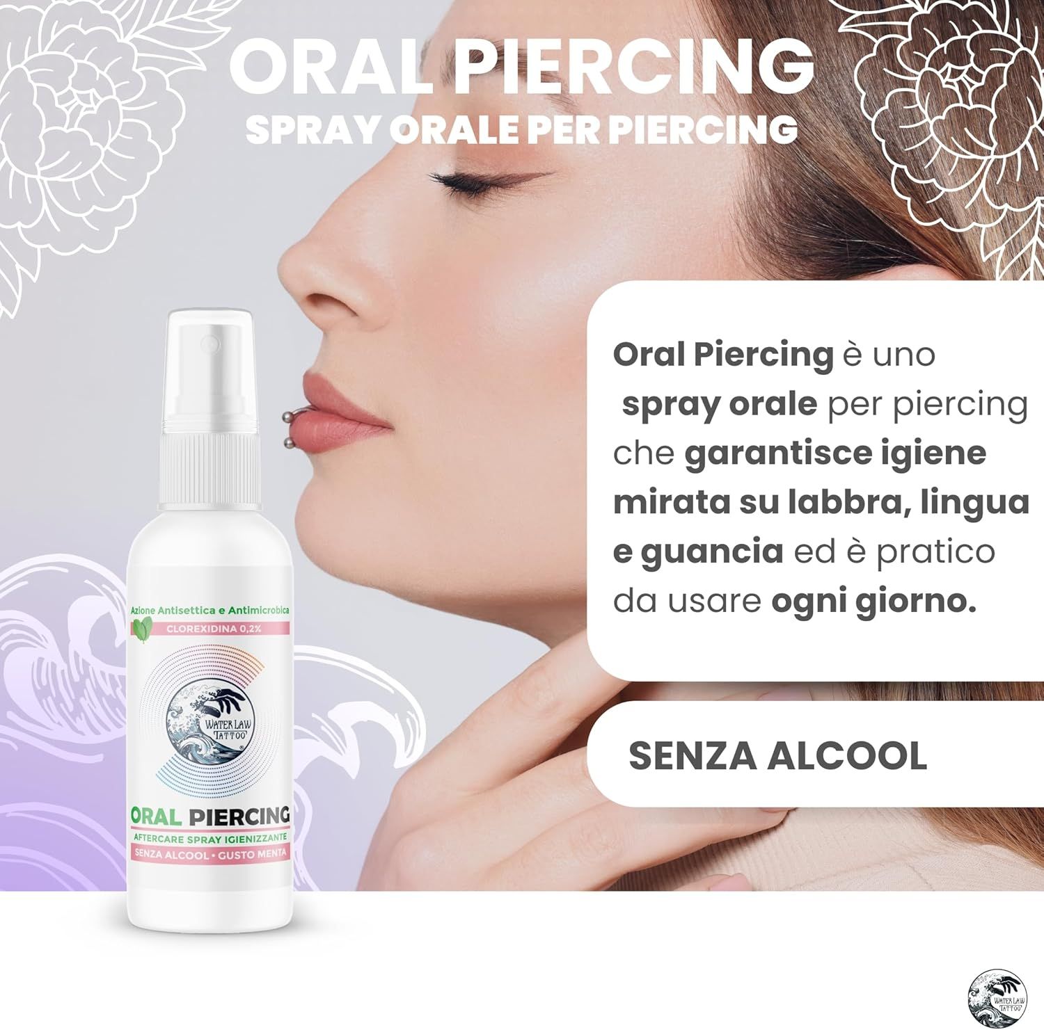 Flacone spray bianco "Oral Piercing" accanto a un viso con piercing. Testo sull'igiene orale.