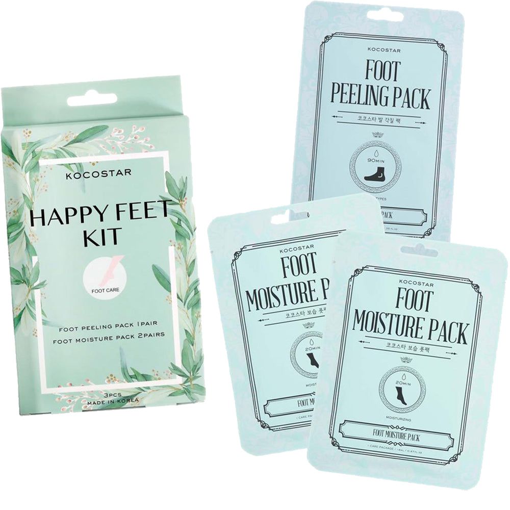 KOCOSTAR Happy Feet Kit con confezione e singole bustine. Contiene peeling e maschere idratanti per i piedi. Confezioni verde chiaro.